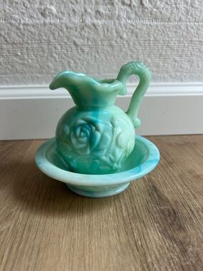 Vintage Avon Jadeite Green Marbled Milk Glass Pitcher & Bowl Set